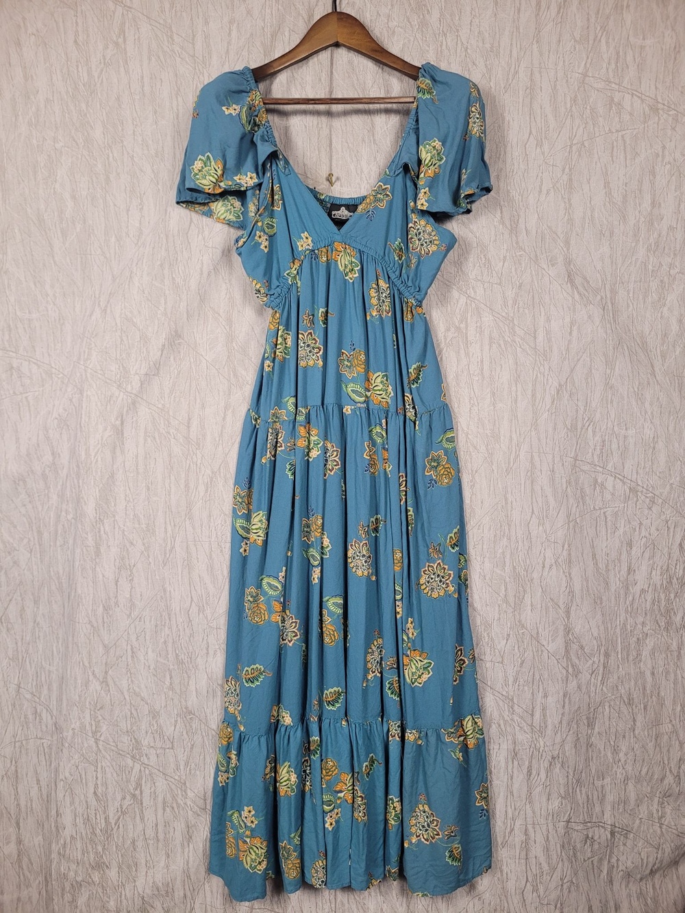 Angie Dress Womens Large Blue Floral Smocked Maxi Flutter Sleeve Boho Rayon